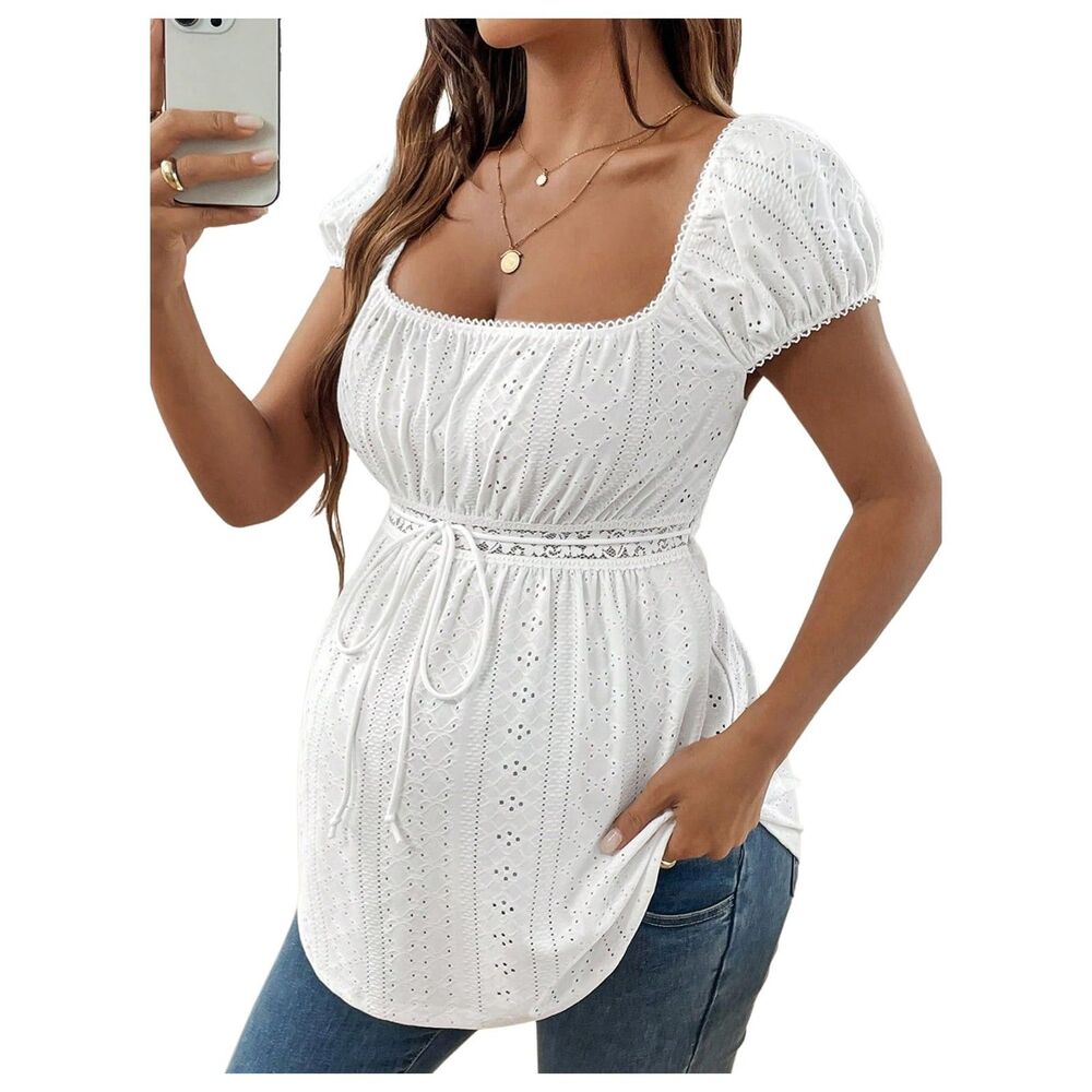 White Maternity Shirt Clothes Square Neck Short Sleeve, XXL, 11G-191T005